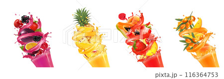 Set of fruit juice splash. Whole and sliced pineapple, mango, peach, orange, cherry, blueberry, strawberry, papaya, sea buckthorns in juice with splashes and drops. Vector Set of fruit juice splash. Whole and sliced pineapple, mango, peach, orange, cherry, blueberry, strawberry, papaya, sea buckthorns in juice with splashes and drops. Vector 116364753