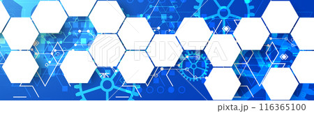 Gear wheel technology pattern on blue gradient background with hexagons. Hand drawn vector. 116365100