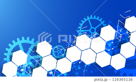 Gear wheel technology pattern on blue gradient background with hexagons. Hand drawn vector. 116365116