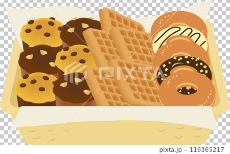 籃子裡的鬆餅、甜甜圈和華夫餅 籃子裡的鬆餅、甜甜圈和華夫餅 116365217