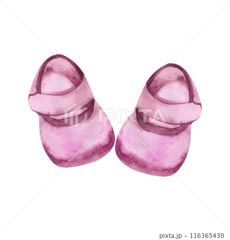 Baby girl pink cute booties watercolor illustration. Hand drawn shoe for newborn, kids clothes for foot. Baby shower party composition for poster, invitation, greeting card design. Baby girl pink cute booties watercolor illustration. Hand drawn shoe for newborn, kids clothes for foot. Baby shower party composition for poster, invitation, greeting card design. 116365430
