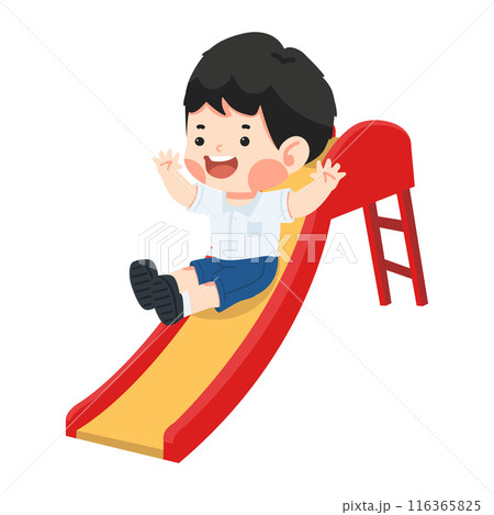 Kids play on playground slide together Kids play on playground slide together 116365825