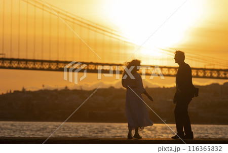 A couple is walking on a pier near a bridge A couple is walking on a pier near a bridge 116365832