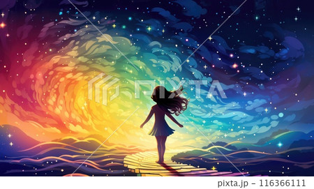 little girl in colorful magical world illustration little girl in colorful magical world illustration 116366111