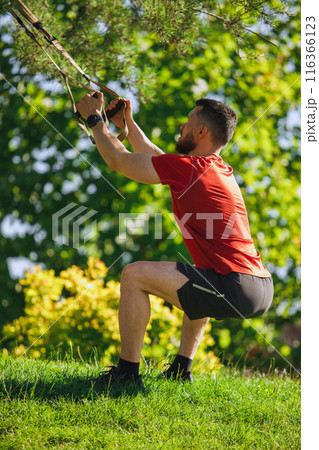 Muscular man performing TRX squats outdoors, using straps anchored to tree, against lush greenery. Outdoor training Muscular man performing TRX squats outdoors, using straps anchored to tree, against lush greenery. Outdoor training 116366123