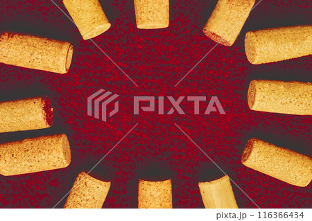 Wine corks on red fabric. Tasting,degustation, sommelier 116366434