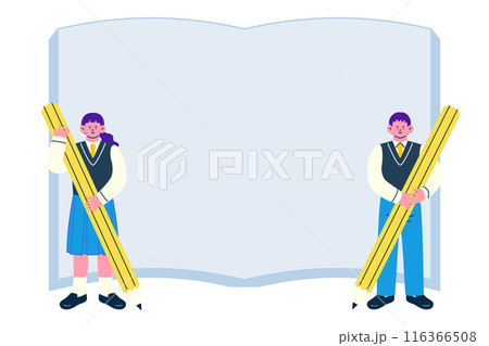 大きな鉛筆を手に持った制服姿の男女の学生と、本のフレーム背景 116366508