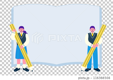 Male and female students in uniforms holding large pencils in their hands, with a frame background of books 116366508