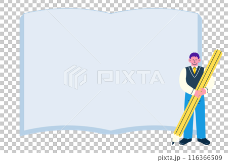 A male student in uniform holding a large pencil in his hand and a book frame background 116366509