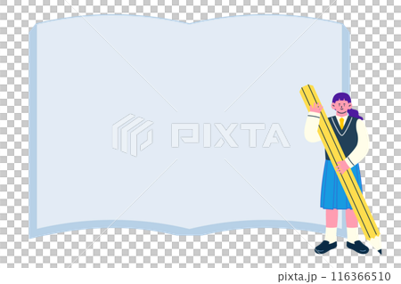 一名身穿制服的女學生手裡拿著一支大鉛筆和書框背景 116366510