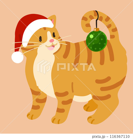 オーナメントを尻尾から下げる可愛い茶トラ猫のイラスト クリスマス 主線なし オーナメントを尻尾から下げる可愛い茶トラ猫のイラスト クリスマス 主線なし 116367110