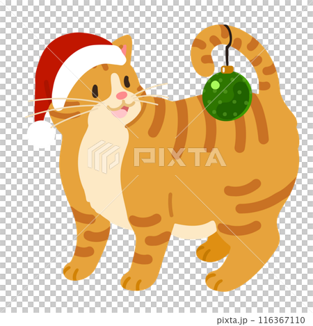 オーナメントを尻尾から下げる可愛い茶トラ猫のイラスト クリスマス 主線なし オーナメントを尻尾から下げる可愛い茶トラ猫のイラスト クリスマス 主線なし 116367110
