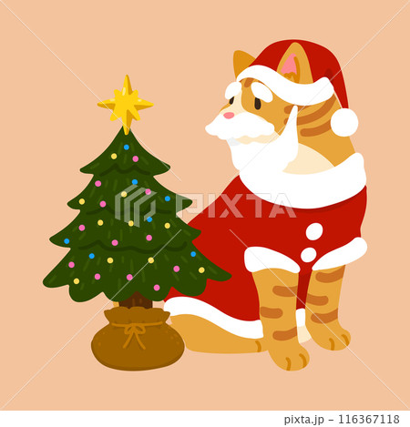 クリスマスツリーの横で座る可愛い茶トラ猫サンタクロースのイラスト　主線なし 116367118