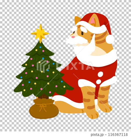 クリスマスツリーの横で座る可愛い茶トラ猫サンタクロースのイラスト　主線なし 116367118