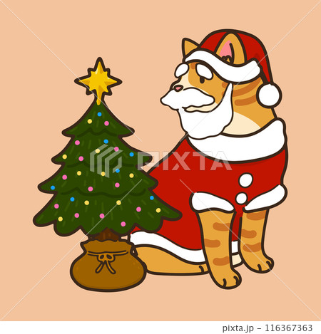 クリスマスツリーの横で座る可愛い茶トラ猫サンタクロースのイラスト 主線あり クリスマスツリーの横で座る可愛い茶トラ猫サンタクロースのイラスト 主線あり 116367363