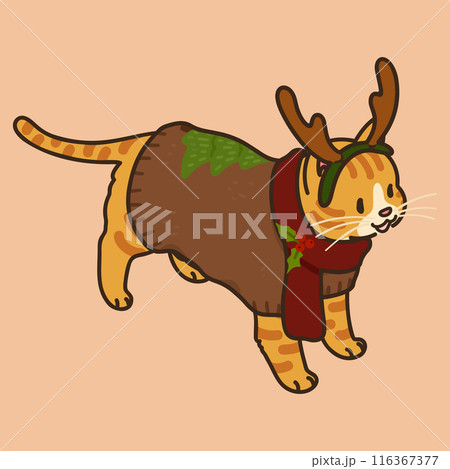 トナカイの角のカチューシャを付けたシンプルで可愛い茶トラ猫のイラスト クリスマス 主線あり トナカイの角のカチューシャを付けたシンプルで可愛い茶トラ猫のイラスト クリスマス 主線あり 116367377