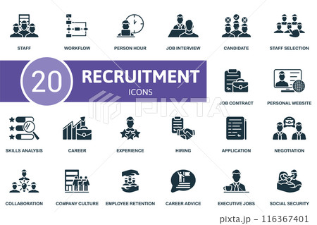 Recruitment icon set. Staff, Workflow, Person Hour, Job Interview, Candidate, Staff Selection, Job Contract, Personal Website, Skills Analysis, Career icons and more 116367401