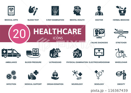 Healthcare icon set. Medical Apps, Blood Test, X-Ray Examination, Mental Health, Doctor, Herbal Medicine, Online Diagnosis, Stretcher, Ambulance, Blood Pressure icons and more 116367439