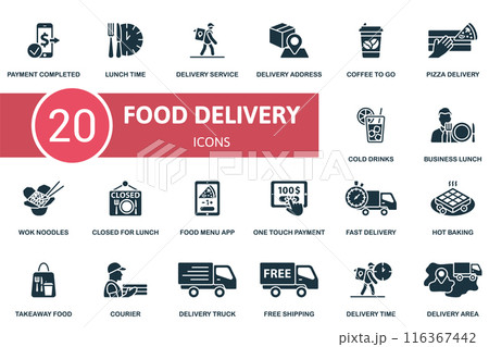 Food Delivery icon set. Payment Completed, Lunch Time, Delivery Service, Delivery Address, Coffee To Go, Pizza Delivery, Cold Drinks, Business Lunch, Wok Noodles, Closed For Lunch icons and more 116367442