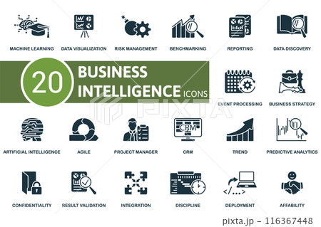 Business Intelligence icon set. Machine Learning, Data Visualization, Risk Management, Benchmarking, Reporting, Data Discovery, Event Processing, Business Strategy, Artificial Intelligence, Agile 116367448
