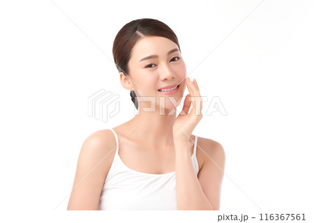Beautiful young asian woman with clean fresh skin on white background, Face care, Facial treatment, Cosmetology, beauty and spa, Asian women portrait. Beautiful young asian woman with clean fresh skin on white background, Face care, Facial treatment, Cosmetology, beauty and spa, Asian women portrait. 116367561