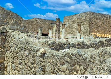 View of the historic ruined city of Pompeii in Italy with the volcano Vesuv 116367684