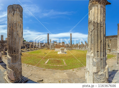 View of the historic ruined city of Pompeii in Italy with the volcano Vesuv View of the historic ruined city of Pompeii in Italy with the volcano Vesuv 116367686