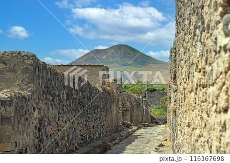 View of the historic ruined city of Pompeii in Italy with the volcano Vesuv 116367698