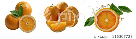 Image of orange slices and green leaves on transparent background with drops of juice and water fruits, citrus fruits, natural products and ingredients. Image of orange slices and green leaves on transparent background with drops of juice and water fruits, citrus fruits, natural products and ingredients. 116367728