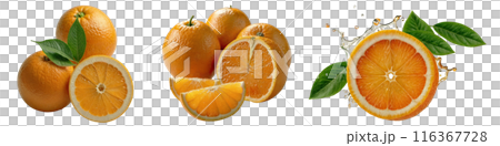 Image of orange slices and green leaves on transparent background with drops of juice and water fruits, citrus fruits, natural products and ingredients. Image of orange slices and green leaves on transparent background with drops of juice and water fruits, citrus fruits, natural products and ingredients. 116367728