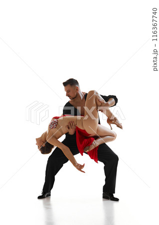 Passion and beauty. Elegant woman and woman, couple dancing bachata, performing isolated on white background. 116367740