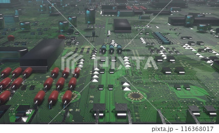 Camera moving forward above endless motherboard. High tech electronic board. Abstract futuristic industry concept. 3d illustration Camera moving forward above endless motherboard. High tech electronic board. Abstract futuristic industry concept. 3d illustration 116368017