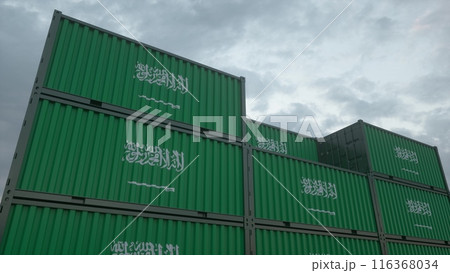 Saudi Arabia flag containers are located at the container terminal. Saudi Arabia export or import concept. 3d illustration 116368034