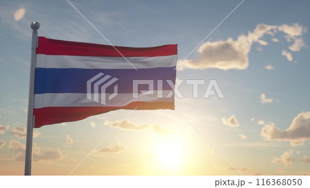 Thailand flag on pole waving in the wind sky background. The national flag of Thailand. 3d illustration Thailand flag on pole waving in the wind sky background. The national flag of Thailand. 3d illustration 116368050