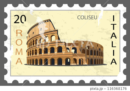 Postage stamp with the image of the Colosseum. Vector. Postage stamp with the image of the Colosseum. Vector. 116368176