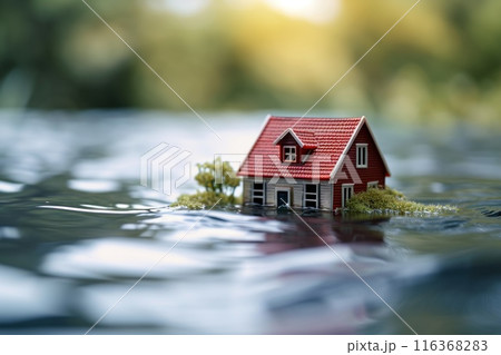 A flooded one-story house as a result of a flood, rainstorm or flood. Disaster, Collapse. 116368283