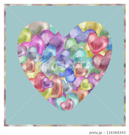 Transparent multicolor rainbow pearl hearts. Watercolor illustration for template for Valentine's Day, wedding, love interior decor, phone wallpaper, candy and gum, in cooking, alcohol, alchemy, magic 116368343