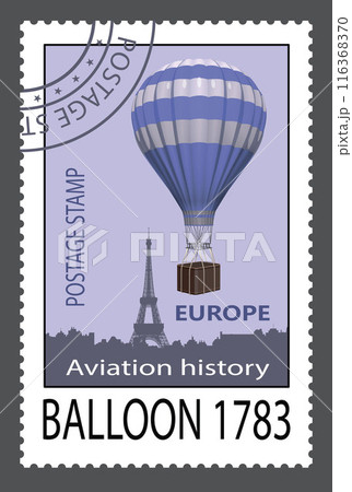 Postage stamp with a hot air balloon over the city. Vector. 116368370