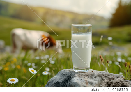 A glass of fresh milk against the background of grazing cows on a green meadow 116368536
