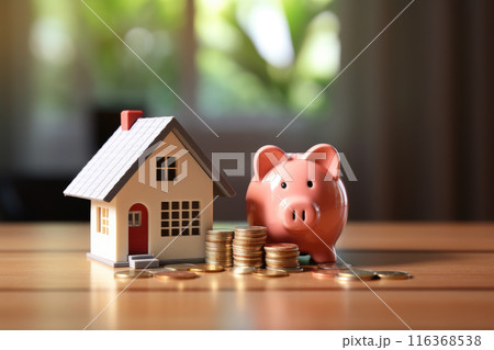 House and pig piggy bank with coins. Real estate and savings. Saving money to maintain property. Municipal budget for the maintenance of buildings. Price cost estimate. Payment of taxes and utilities 116368538