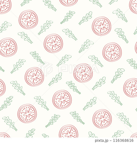 Tomato and arugula slices are a seamless pattern, vegetable background cartoon. Vector illustration wallpaper for the kitchen. 116368616