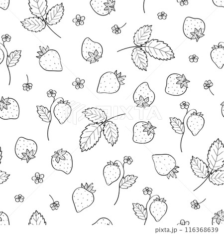 Seamless strawberry pattern with leaves. Vector background with summer sweet strawberries. 116368639