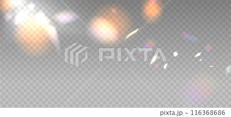 Abstract refraction glow and bokeh effect. Warm crystal light leak flare reflection effect. Transparent refraction background. Vector overlay for summer sun effect. 116368686