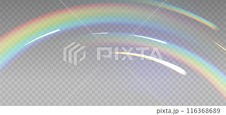 Rainbow arc highlights on a light checkered background. Glare or reflection glass in motion. Glittering particles for social media photo shots. 116368689