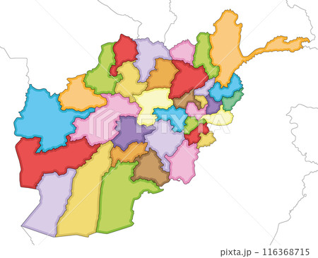 Vector illustrated regional blank map of Afghanistan with provinces and administrative divisions, and neighbouring countries and territories. Editable and clearly labeled layers. 116368715