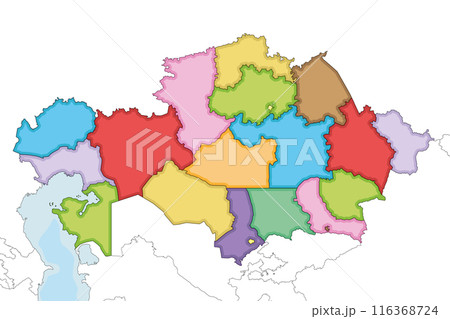 Vector illustrated blank map of Kazakhstan with regions, independent cities and administrative divisions, and neighbouring countries and territories. Editable and clearly labeled layers. 116368724