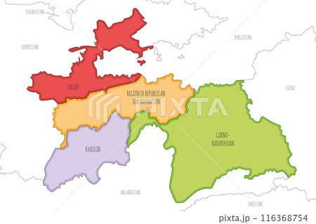 Vector illustrated regional map of Tajikistan with provinces and administrative divisions, and neighbouring countries and territories. Editable and clearly labeled layers. 116368754