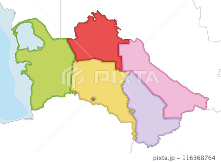 Vector illustrated regional blank map of Turkmenistan with provinces, capital city district and administrative divisions, and neighbouring countries and territories. Editable and clearly labeled 116368764