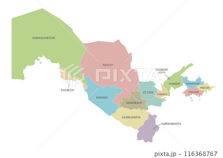 Vector map of Uzbekistan with regions or territories and administrative divisions. Editable and clearly labeled layers. 116368767