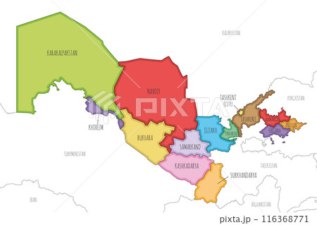 Vector illustrated map of Uzbekistan with regions and administrative divisions, and neighbouring countries and territories. Editable and clearly labeled layers. 116368771